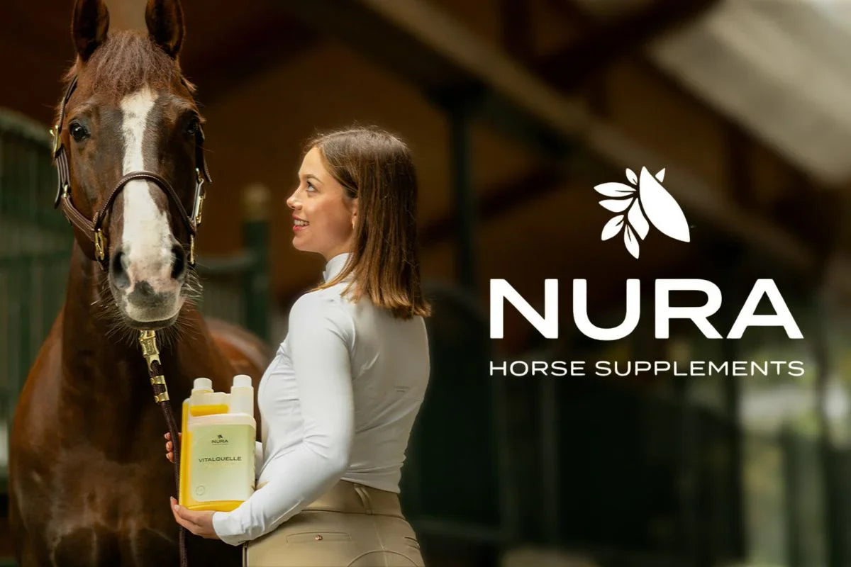 Reiterin mit Pferd und NURA Vitalquelle-Produkt, NURA HORSE SUPPLEMENTS.