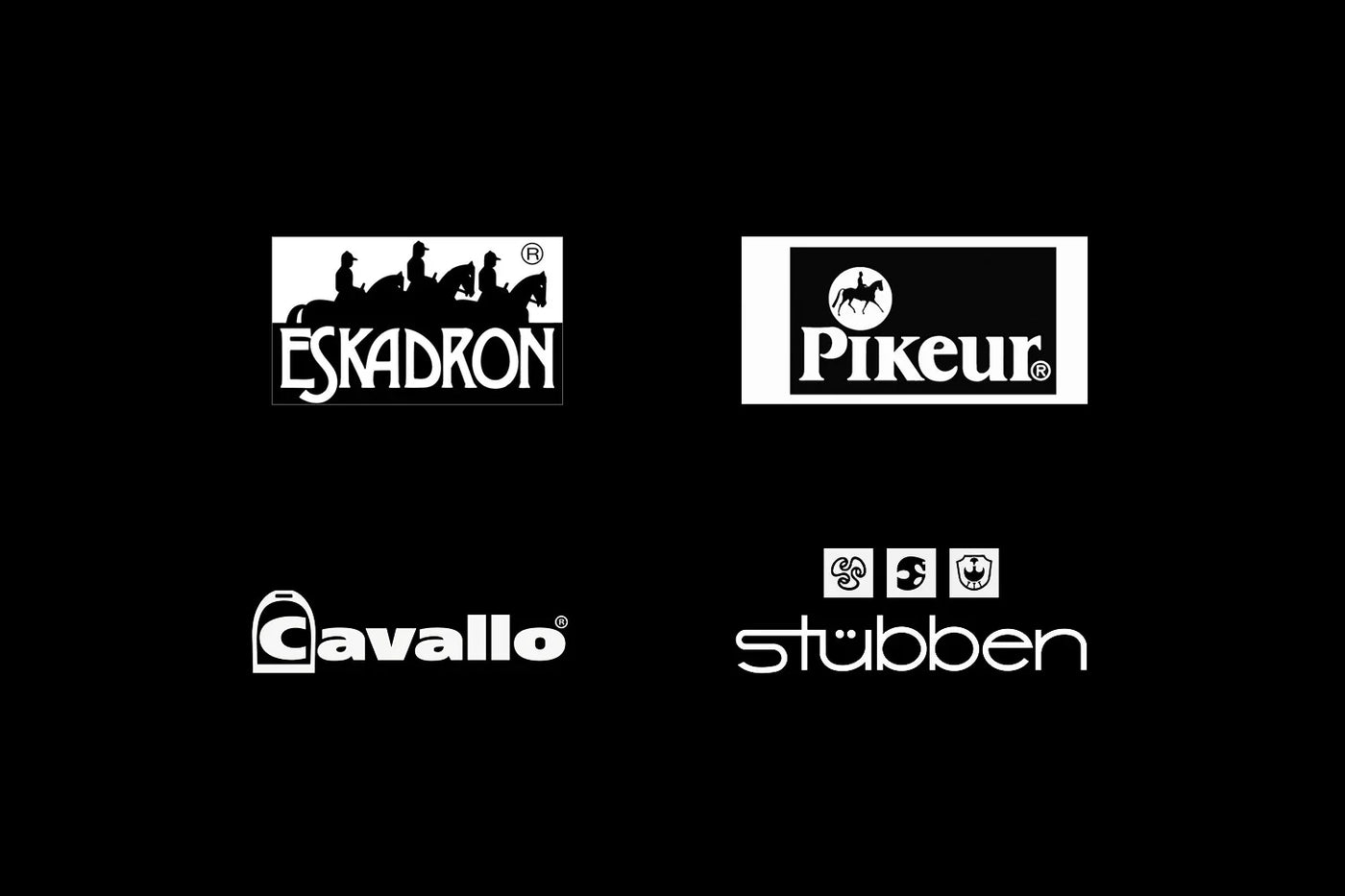 Eskadron-, Pikeur-, Cavallo- und Stübben-Logos auf schwarzem Hintergrund, Spoga Horse - Neue Marken kommen in unseren Shop.