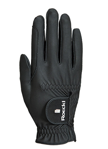 Handschuhe, schwarzer Reithandschuh mit Roeckl-Logo vor weißem Hintergrund. Handschuhe, schwarzer Reithandschuh mit Roeckl-Logo vor weißem Hintergrund.