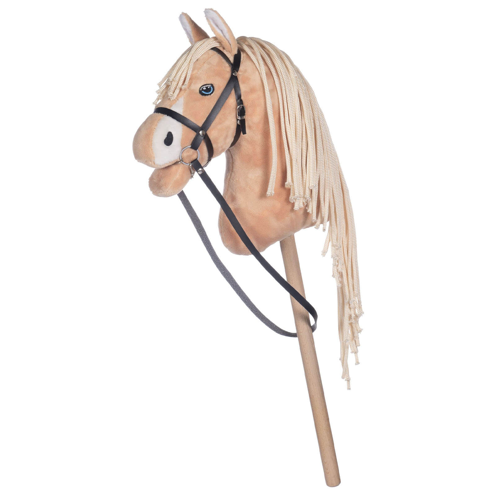 Hobby Horsing, hellbraunes Steckenpferd mit schwarzem Halfter vor weißem Hintergrund. Hobby Horsing, hellbraunes Steckenpferd mit schwarzem Halfter vor weißem Hintergrund.