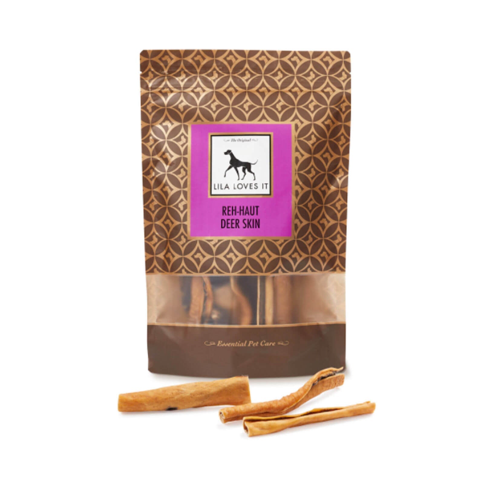Hundefutter & Leckerli, LILA LOVES IT Reh-Haut vor Verpackung mit Kauartikeln. Hundefutter & Leckerli, LILA LOVES IT Reh-Haut vor Verpackung mit Kauartikeln.