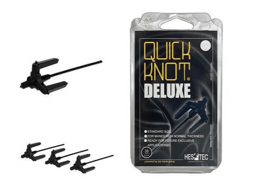 Turnier & Transport Shopping Days, HES-TEC Quick Knot Deluxe mit mehreren schwarzen Knotenbindern auf weißem Hintergrund. Turnier & Transport Shopping Days, HES-TEC Quick Knot Deluxe mit mehreren schwarzen Knotenbindern auf weißem Hintergrund.