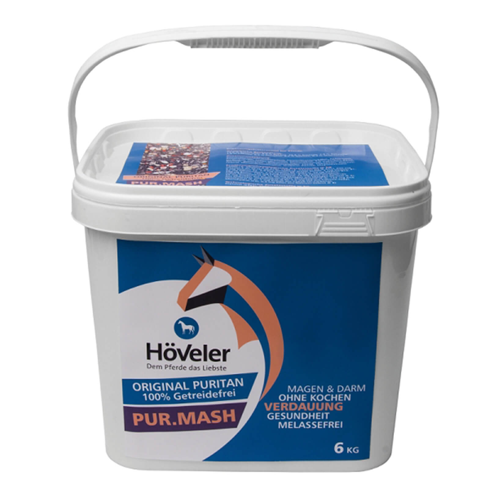 Pferdefutter Shopping Days, Höveler PUR.MASH Eimer mit blauem Etikett. Pferdefutter Shopping Days, Höveler PUR.MASH Eimer mit blauem Etikett.