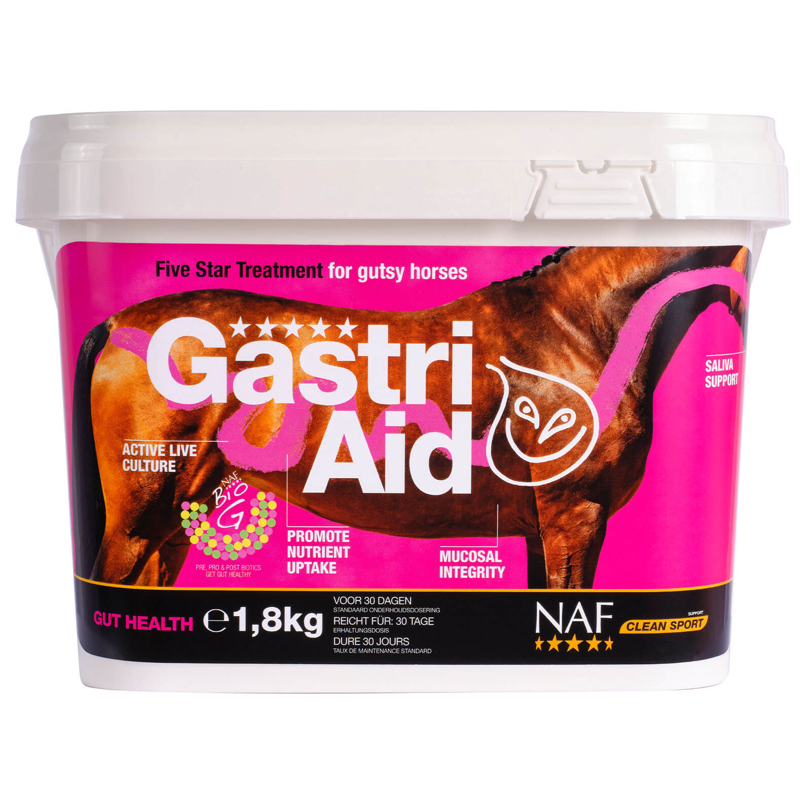 Ergänzungsfuttermittel Shopping Days, NAF GastriAid Eimer mit Pferde-Produkt auf pinkem Etikett. Ergänzungsfuttermittel Shopping Days, NAF GastriAid Eimer mit Pferde-Produkt auf pinkem Etikett.