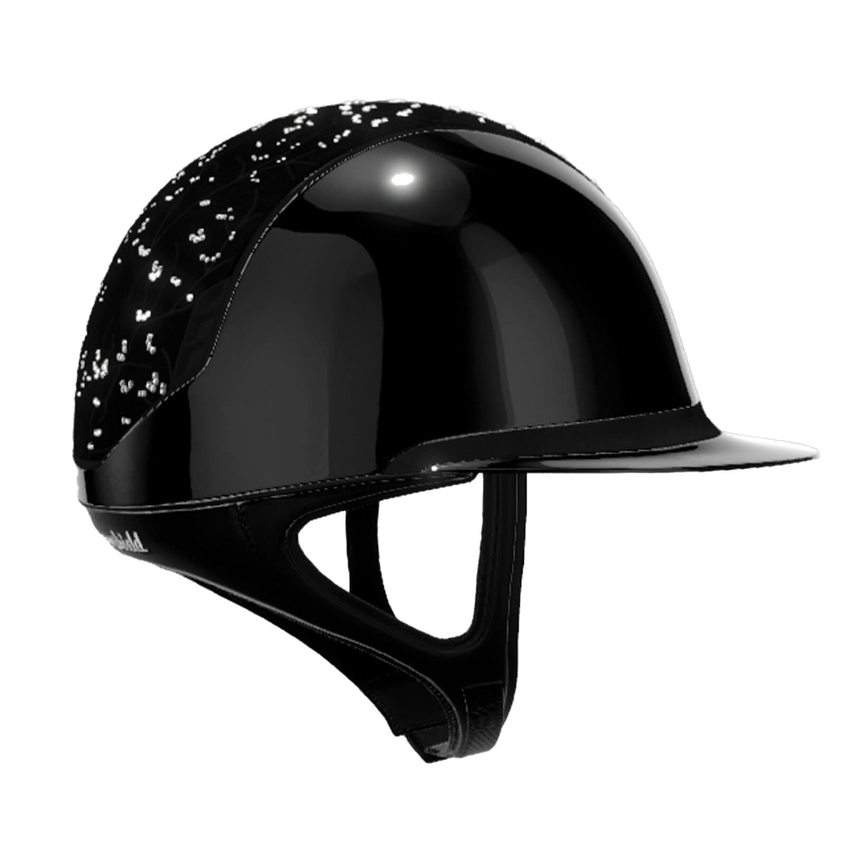 Reithelm 2.0 Black Shadowglossy Top Crystal Leaf Trim + Blason Matt Black, schwarzer Reithelm, Produkt allein auf weißem Hintergrund.