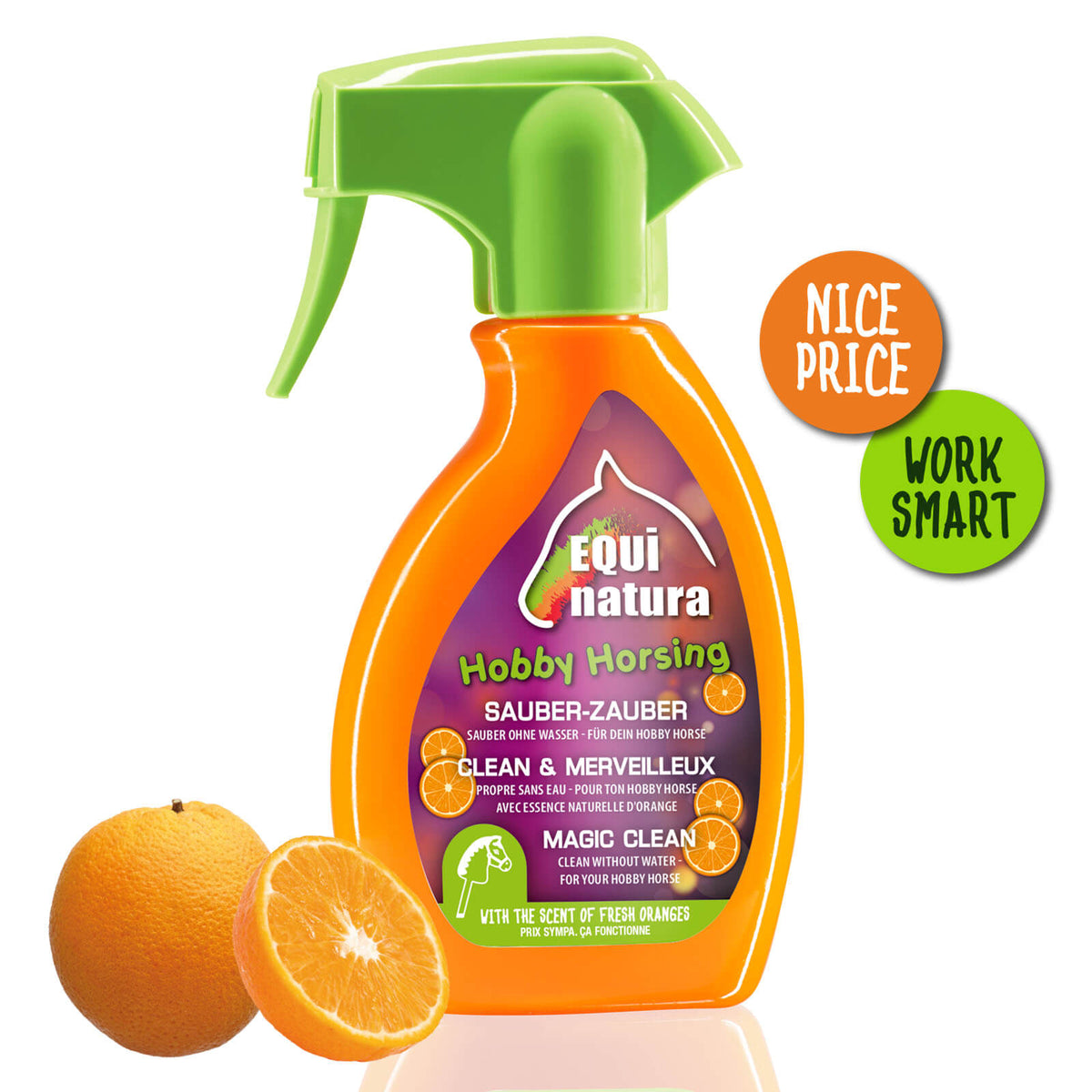 Equinatura Schmutzentferner Hobby Horsing Sauber-Zauber, orange, Produkt allein mit Sprühflasche und Orangenmotiven.