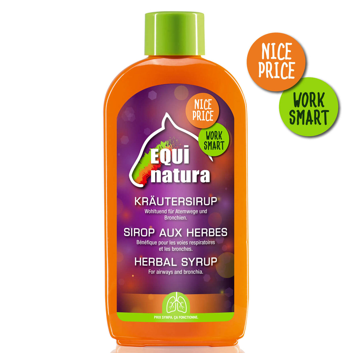 Equinatura Kräutersirup Atemwege Nahrungsergänzung, Orange, Produktflasche allein auf weißem Hintergrund.