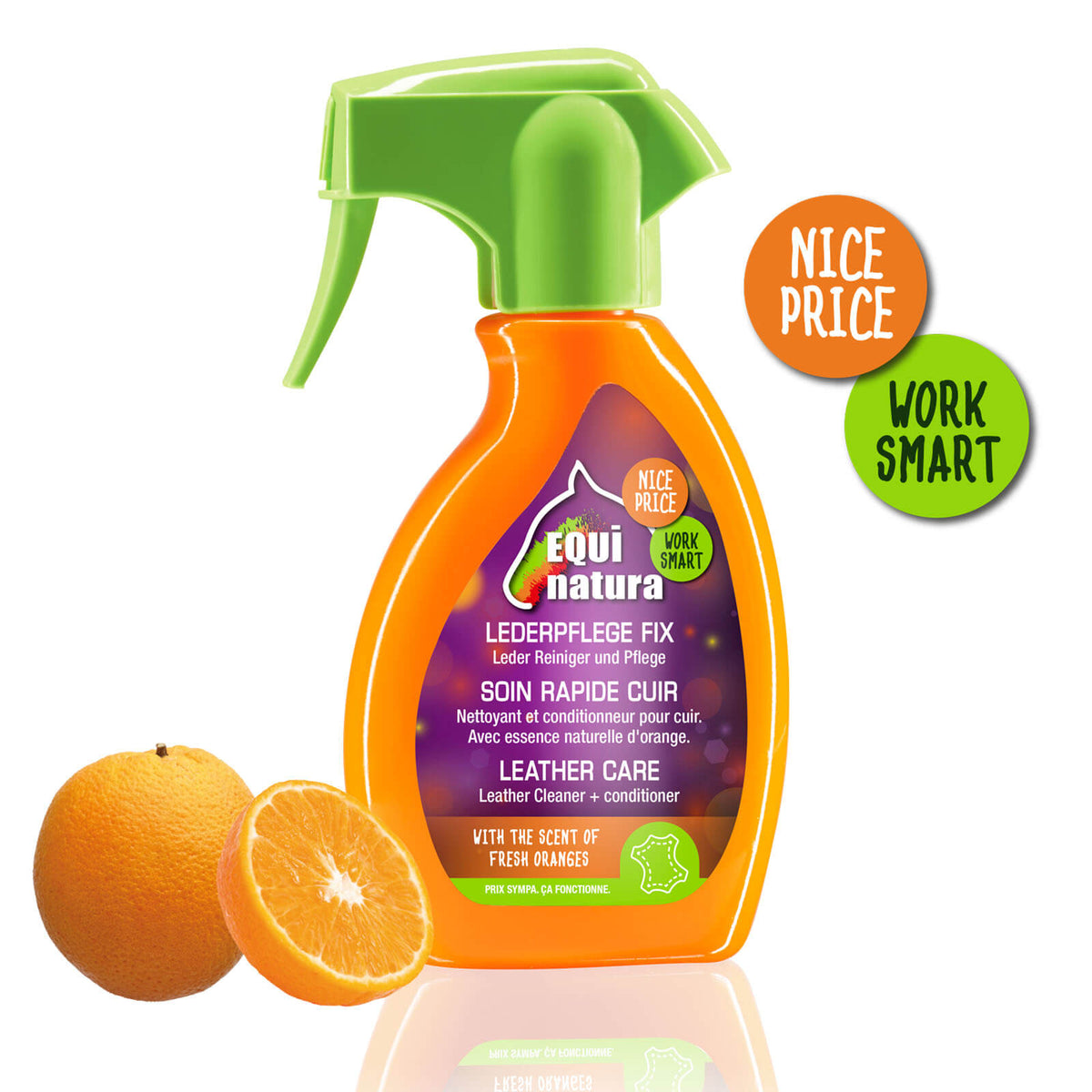 Equinatura Lederpflegefix Spray Lederpflege, 250 ml, Produkt allein mit Orangenmotiv.