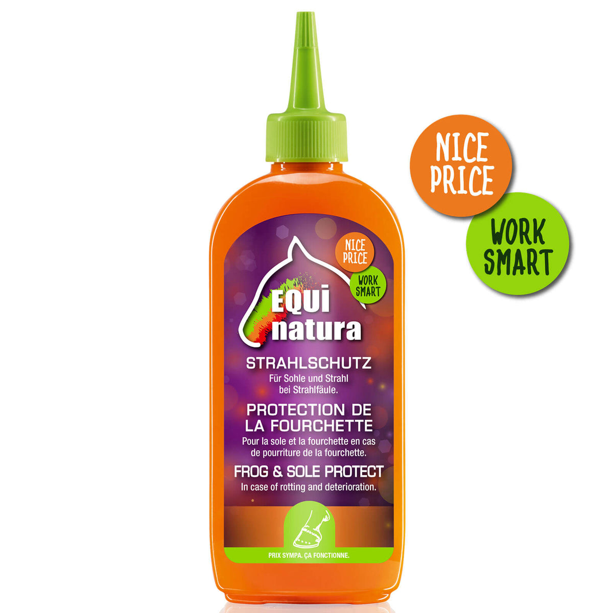 Equinatura Strahlschutz Hufpflege, 250 ml, Flasche mit grünem Ausgießer und Etikett auf weißem Hintergrund.