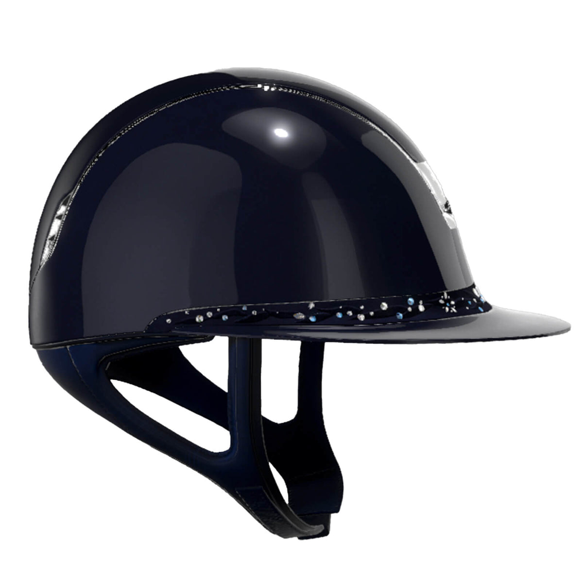 Samshield Reithelm Miss Shield 2.0 Blue SG Top SG Frontal Band Flower Swarovski Jewelry Trim + Blason Chrome, Blue, Produkt allein auf weißem Hintergrund.