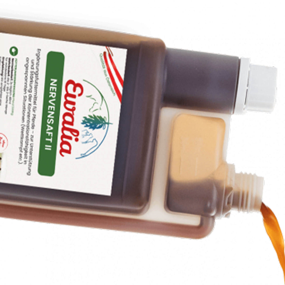 Ewalia Nervensaft II Ergänzungsfuttermittel, braune Flasche, Detailaufnahme mit auslaufender Flüssigkeit.