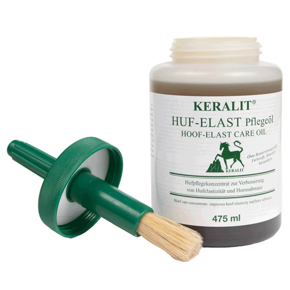 Keralit Huf- Elast Pflegeöl, 475 ml, Produkt allein mit Pinsel auf weißem Hintergrund.