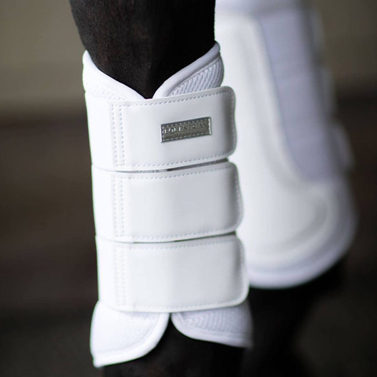Gamaschen Classic Mesh Boots White Silver Dressurgamaschen, Weiß, Detailaufnahme am Pferdebein.