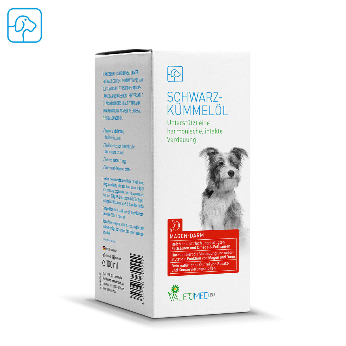 Valetumed Schwarzkümmelöl, 100 ml, Produktverpackung mit Hund und Frontansicht.