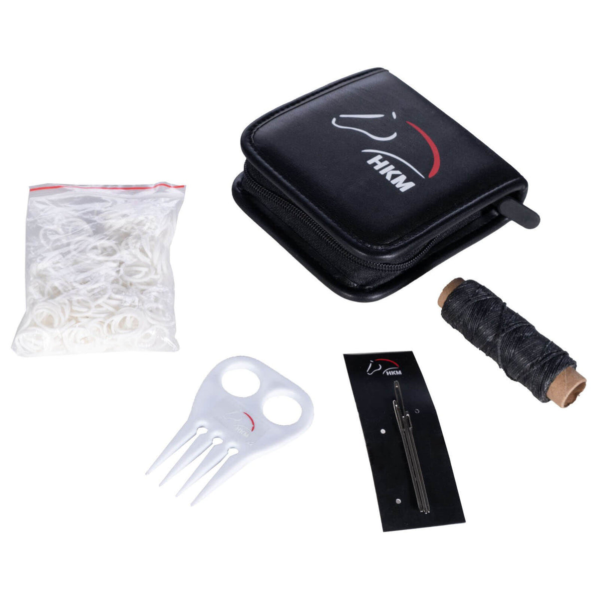HKM Mähneneinflechtset Einnähset, Weiß, Set mit Tasche, Kamm, Nadel und Bändern auf weißem Hintergrund.