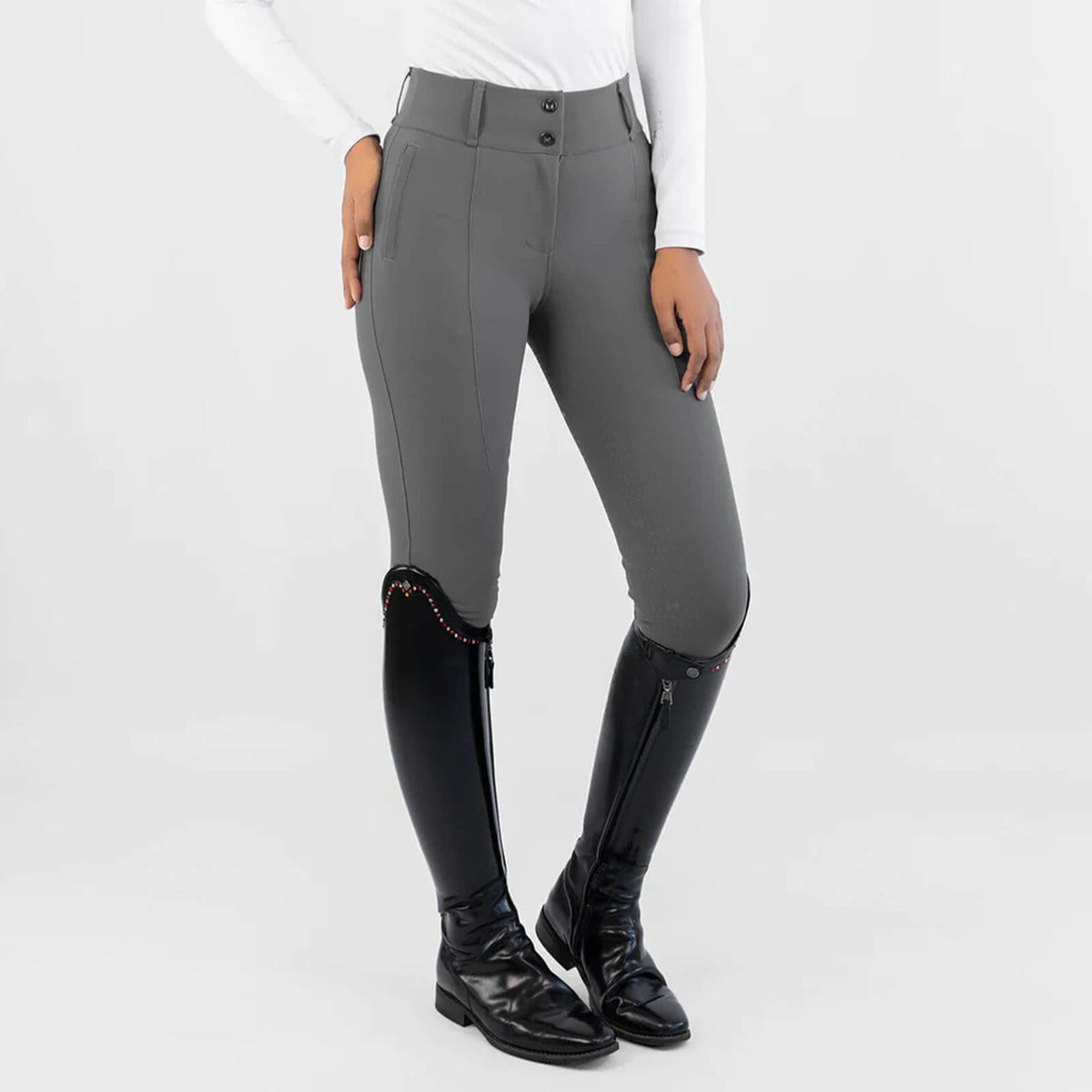 Reithose Damen Full-Grip Honour Damenreithose, Grau, Modell an Person getragen.