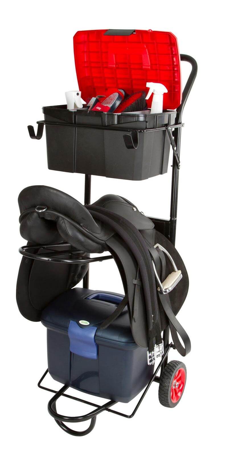 KERBL Sattelcaddy Sattelwagen, mehrere Farbvarianten, Produkt mit Sattel und Putzbox auf weißem Hintergrund.