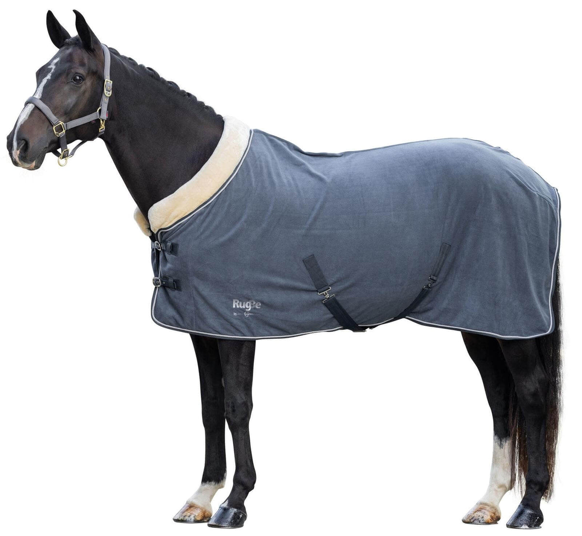 Abschwitzdecke RugBe Royal Fleecedecke, Graphite, Pferd trägt die Decke.