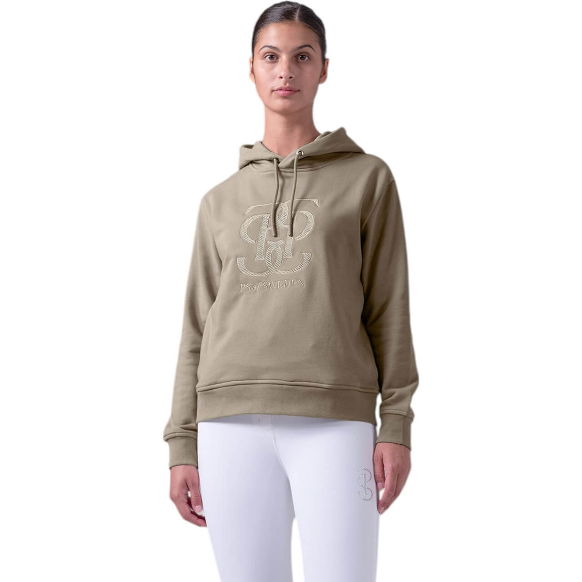 Kapuzenpullover Amanda FS 2025 Hoodie, Latte, an Model getragen.