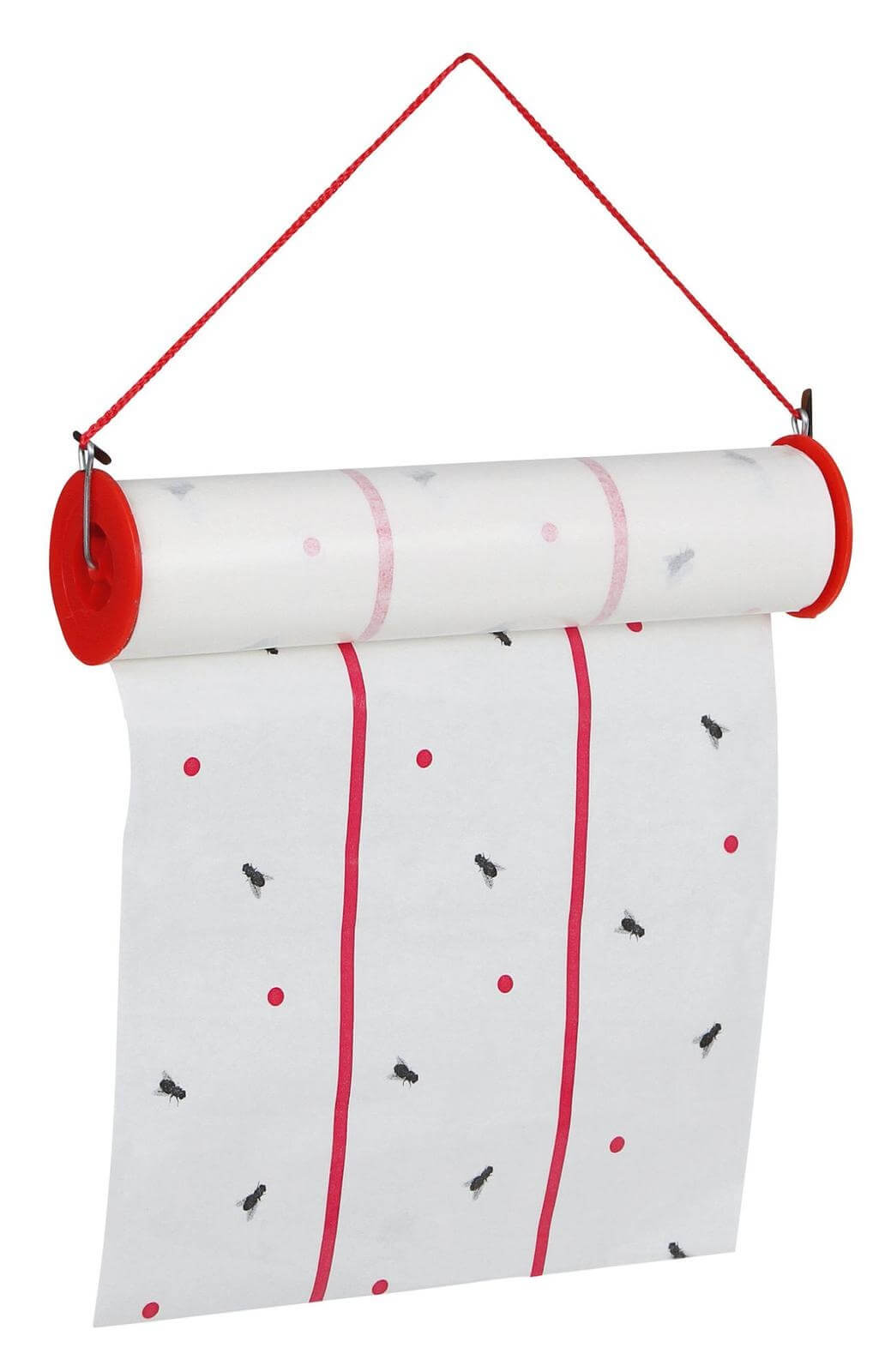 Fliegenfänger MuscaRoll Fliegenrolle, Produkt allein mit Hängeschnur und sichtbaren Fliegen auf der Rolle.
