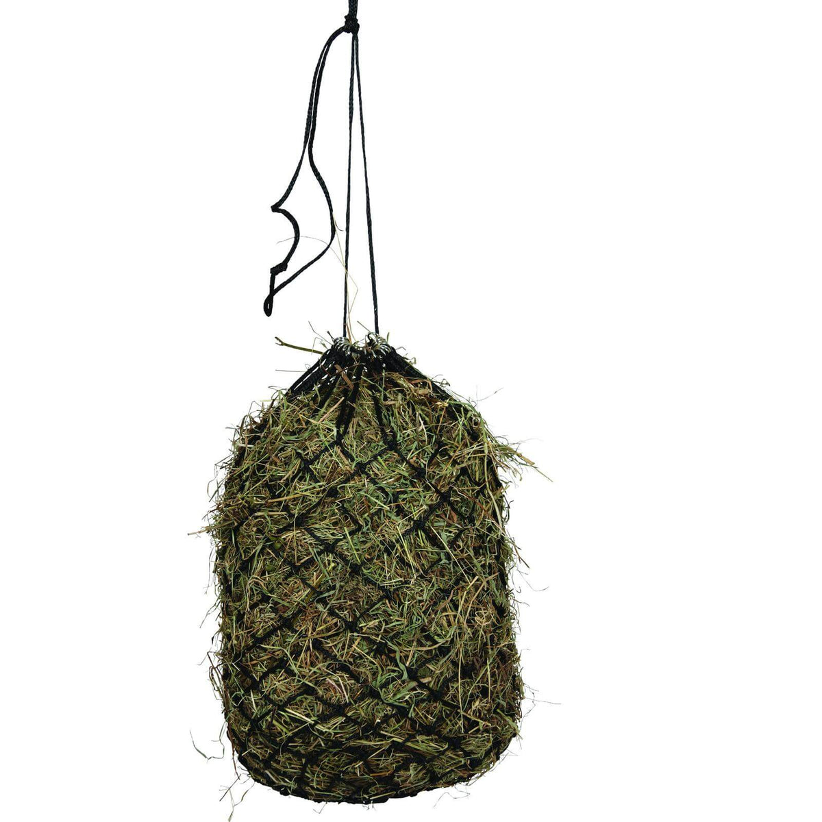 Heutnetz engmaschig, Schwarz, hängendes Heunetz mit Heu auf weißem Hintergrund.