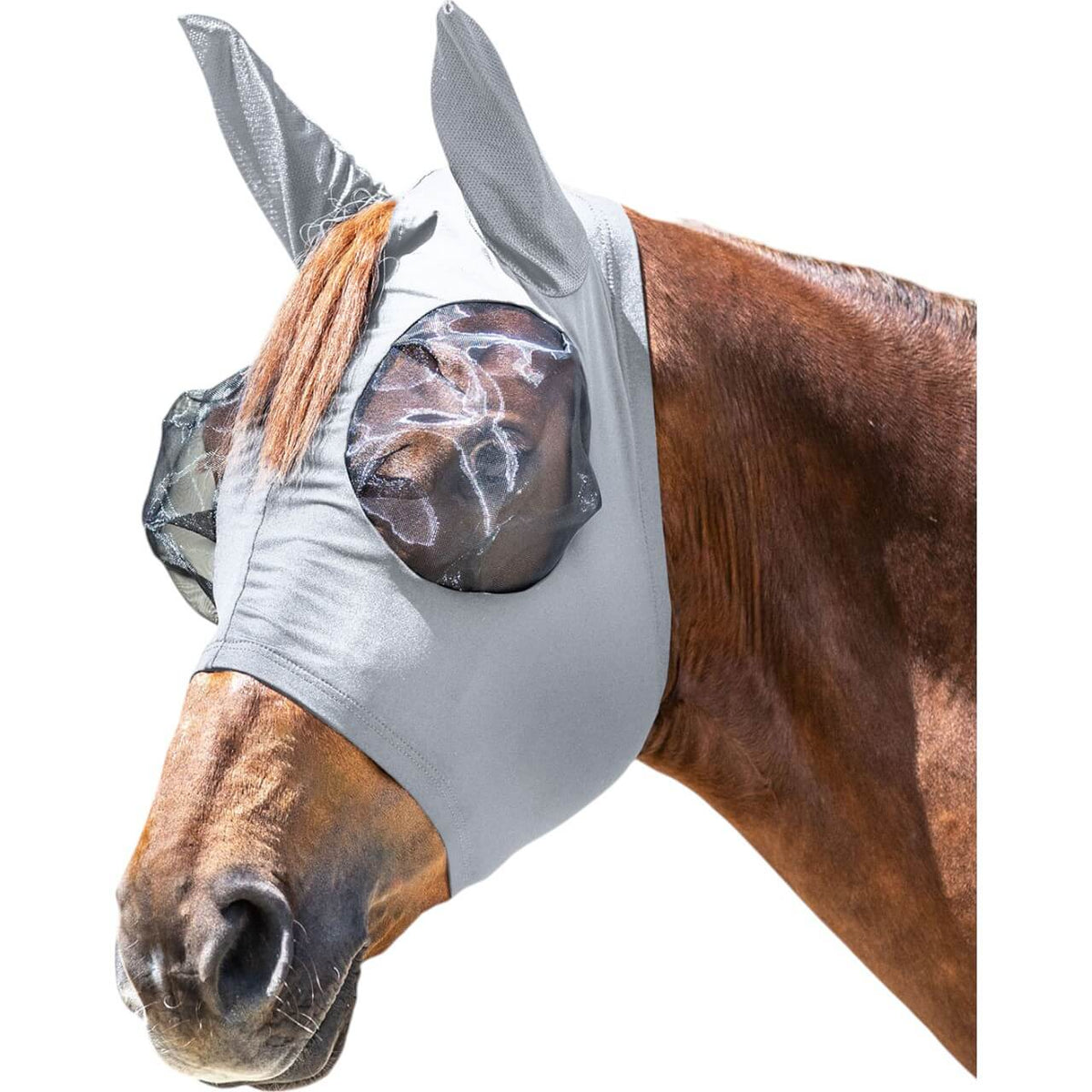 Fliegenmaske PUCK Fly Mask, Silbergrau, Pferd trägt die Maske im Profil.