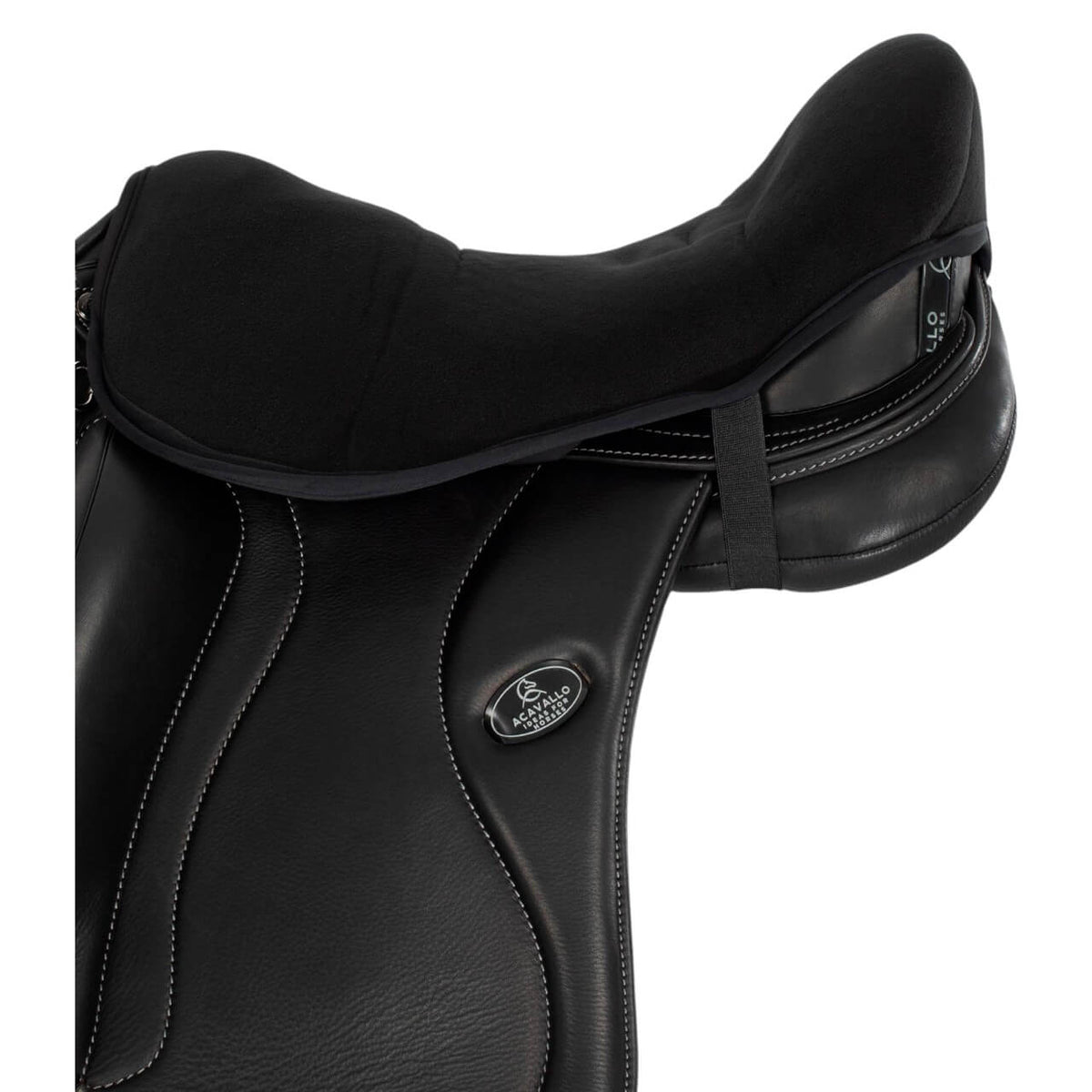 Acavallo Sitzschoner Dressur Classic Gel-In Dri-lex 20 mm Schoner, Schwarz, Detailaufnahme auf Sattel.