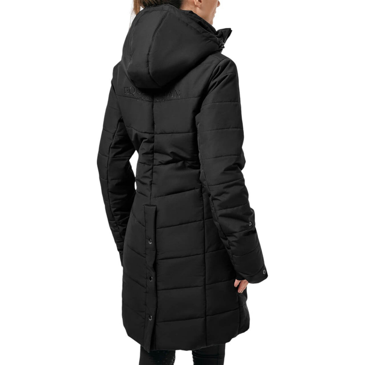 Winterjacke Damen Black Mocha Denail Winter Mantel, Black Mocha, Frau trägt den Mantel von hinten.