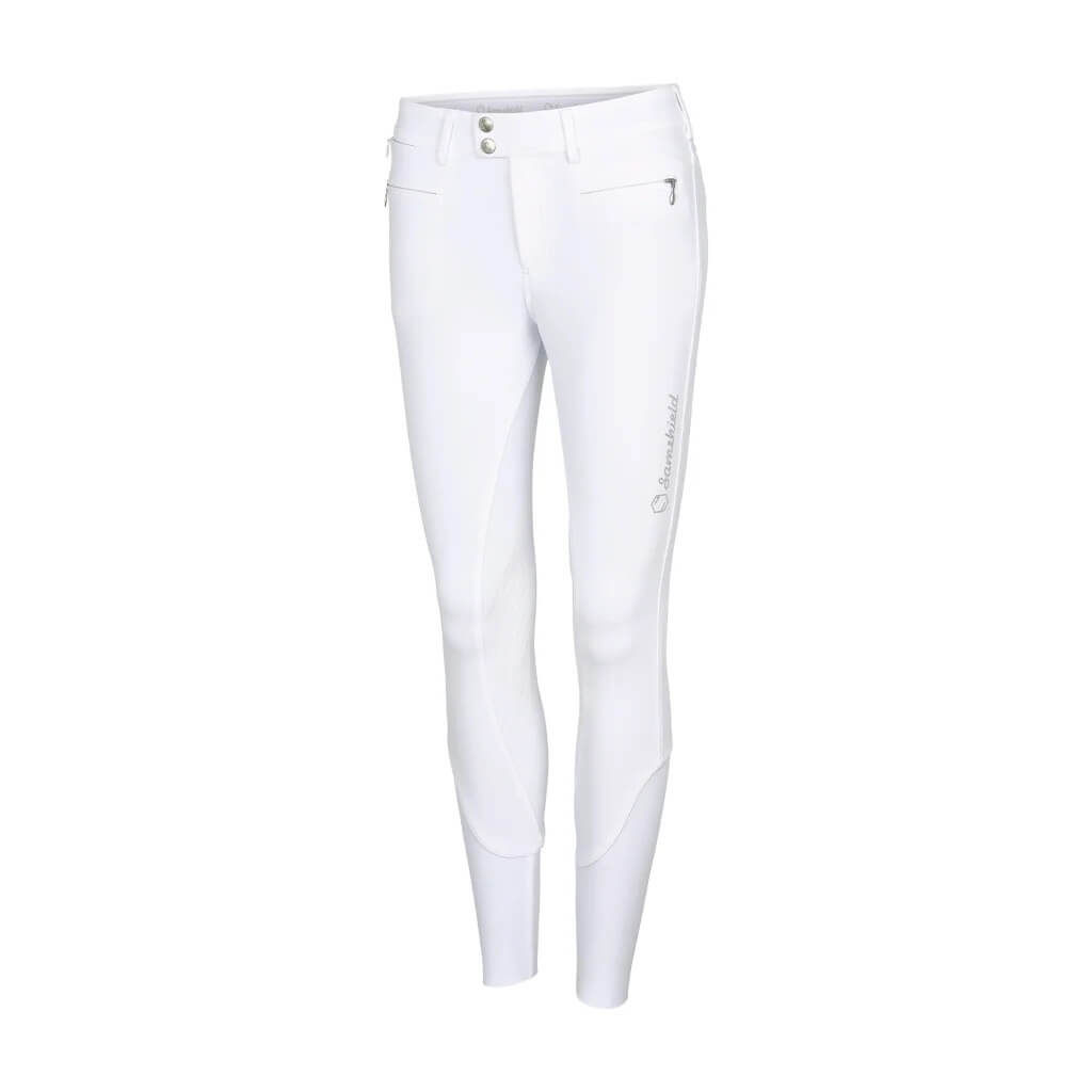 Reithose Damen Knie-Grip Adele Damenreithose, White, Produkt allein auf weißem Hintergrund.