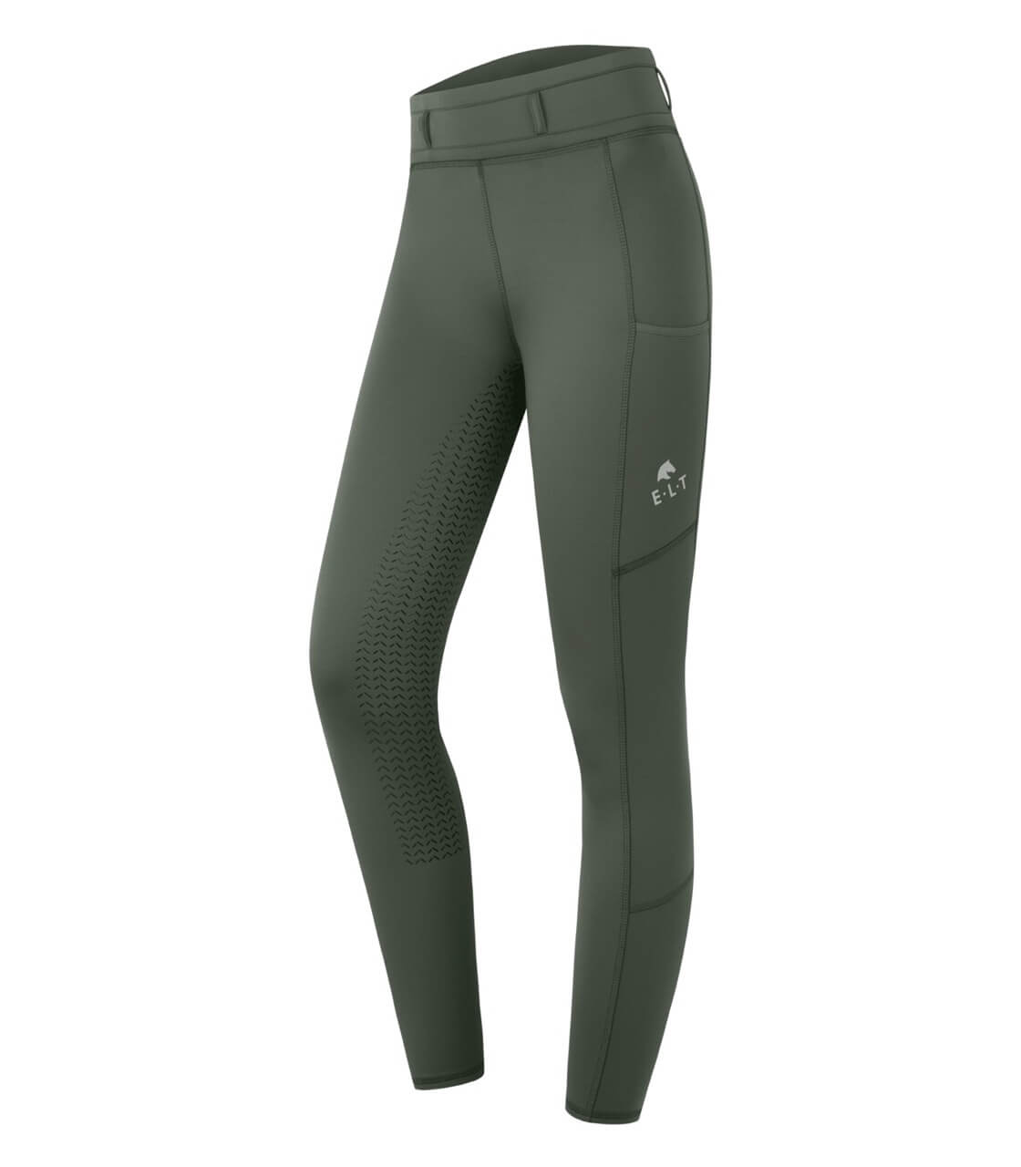 Thermo-Reitleggings Kinder Full-Grip Ella, Dunkeloliv, Produkt allein auf weißem Hintergrund.