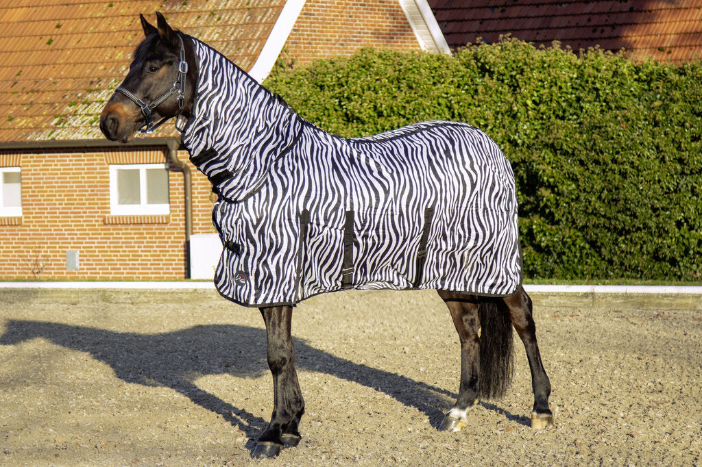 Manta anti-moscas Zebra com cobre-pescoço e aba abdominal, proteção contra insetos