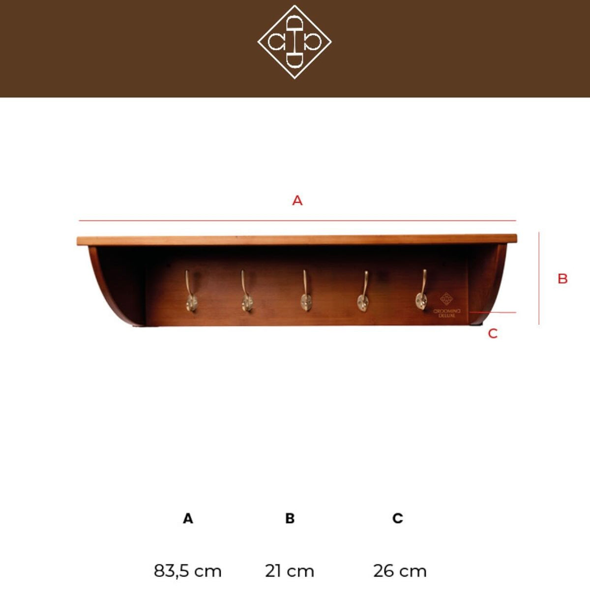 Helmablage mit 5 Haken Regal, Braun, Produkt allein mit fünf Haken und Ablagefläche.