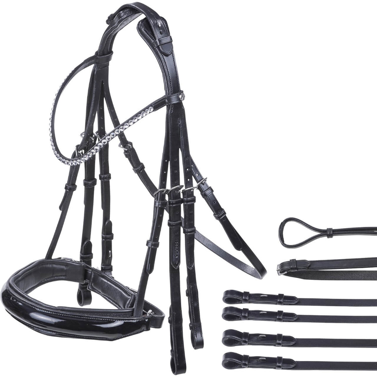 Kandare Flying Change Dressurkandare, Schwarz, Produkt allein mit mehreren Zügeln und Nasenriemen.