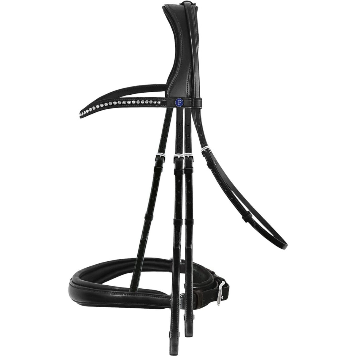 Kandare PASSIERBLU Dream Kandarenzaum, Edelstahl/Schwarz, Produkt allein auf weißem Hintergrund.