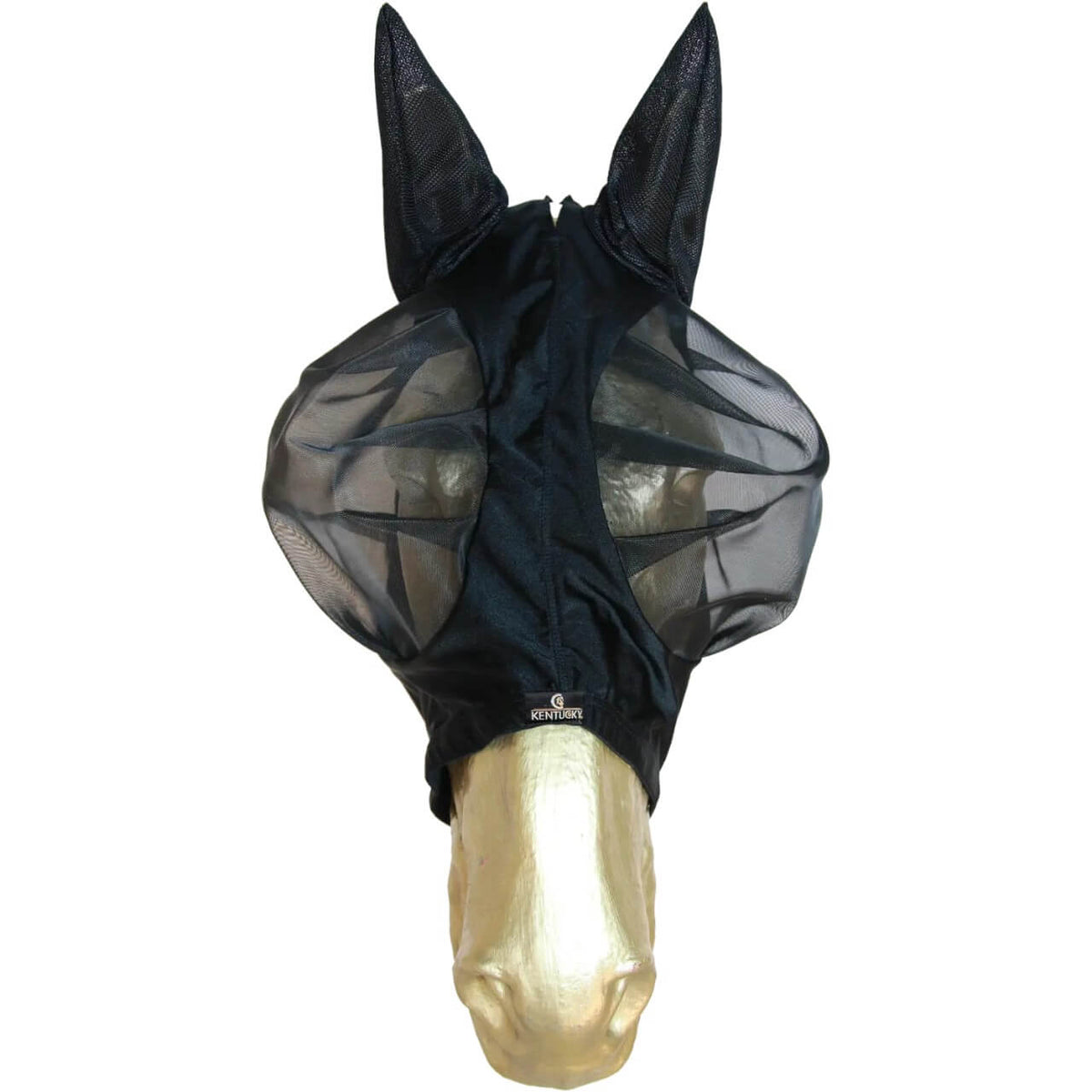 Kentucky Horsewear Fliegenmaske Slim Fit Insektenschutz, Black, Pferd trägt die Maske.