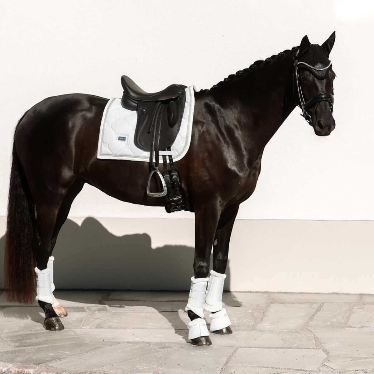 Dressurschabracke Timeless White Glimmer Dressur Schabracke, Timeless White Glimmer, am Pferd im Profil.