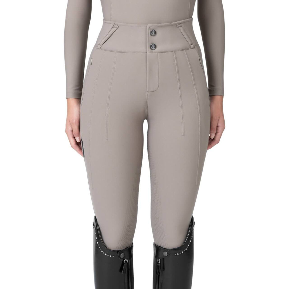 Maximilian Equestrian Reithose Damen Knee-Grip Vision Hose, Taupe, Person trägt die Reithose.