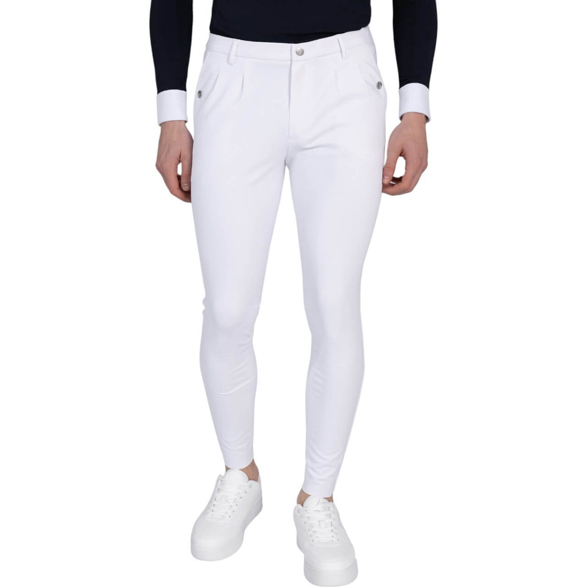 Reithose Herren Full-Grip Founder Hose, Weiß, Person trägt die Hose frontal.