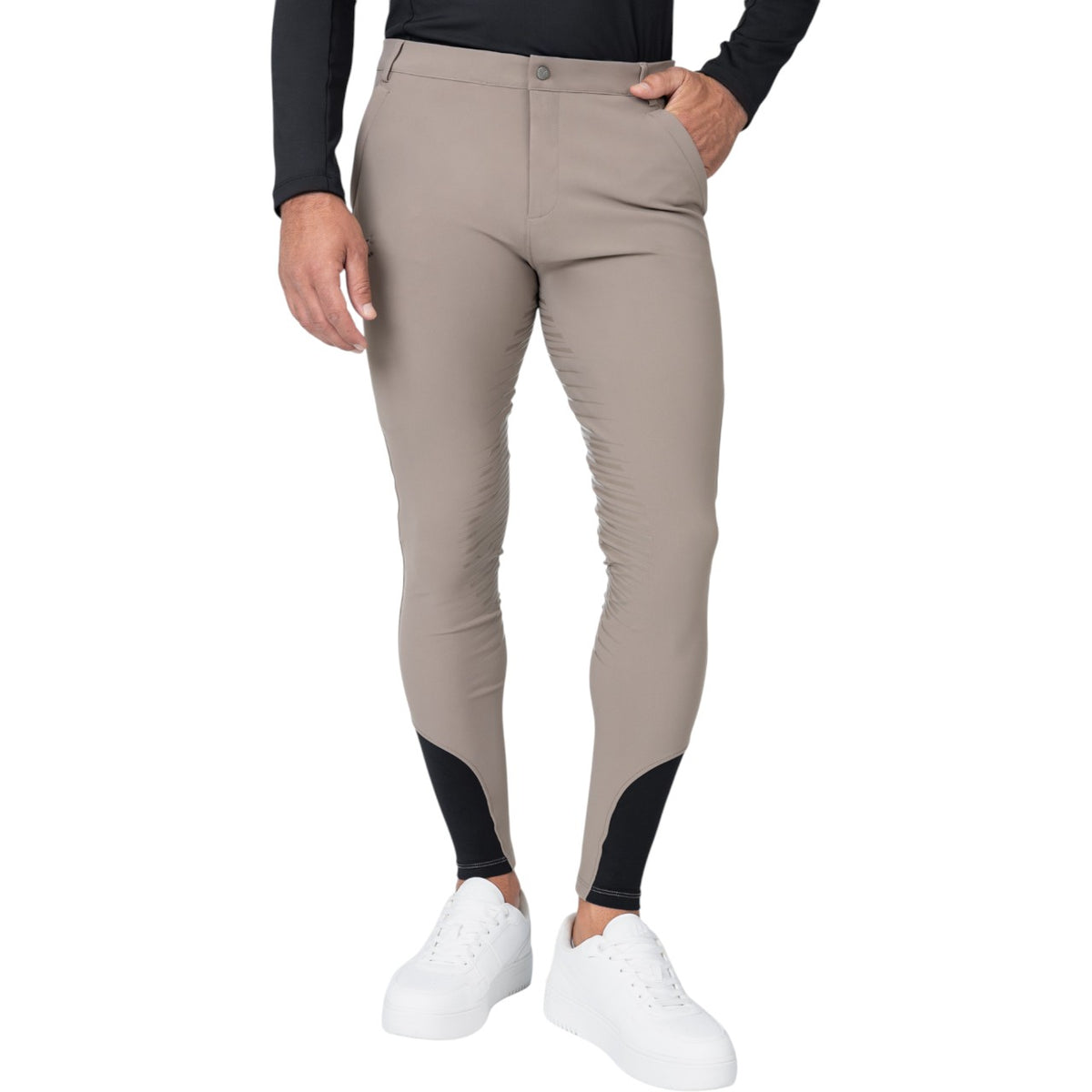 Reithose Herren Full-Grip Vector Herrenreithose, Taupe, Modell an einem Mann auf weißem Hintergrund.