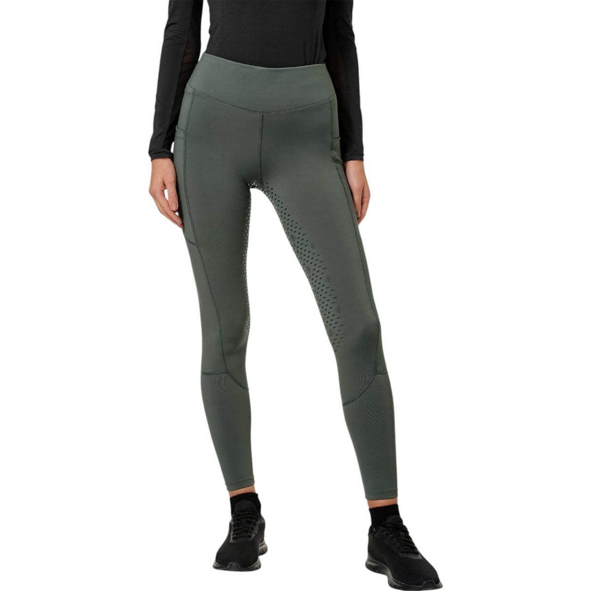 Reitleggings Damen Full-Grip Avenue Green Reithose, Avenue Green, Person trägt die Reitleggings.