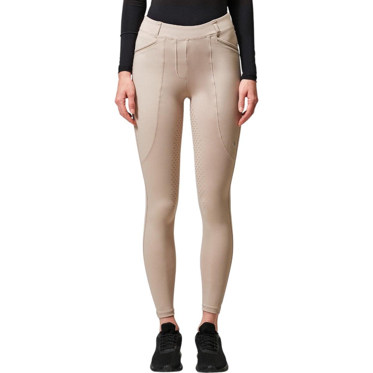 Reitleggings Damen Full-Grip Premium Leggings, Beige, Person trägt das Produkt.