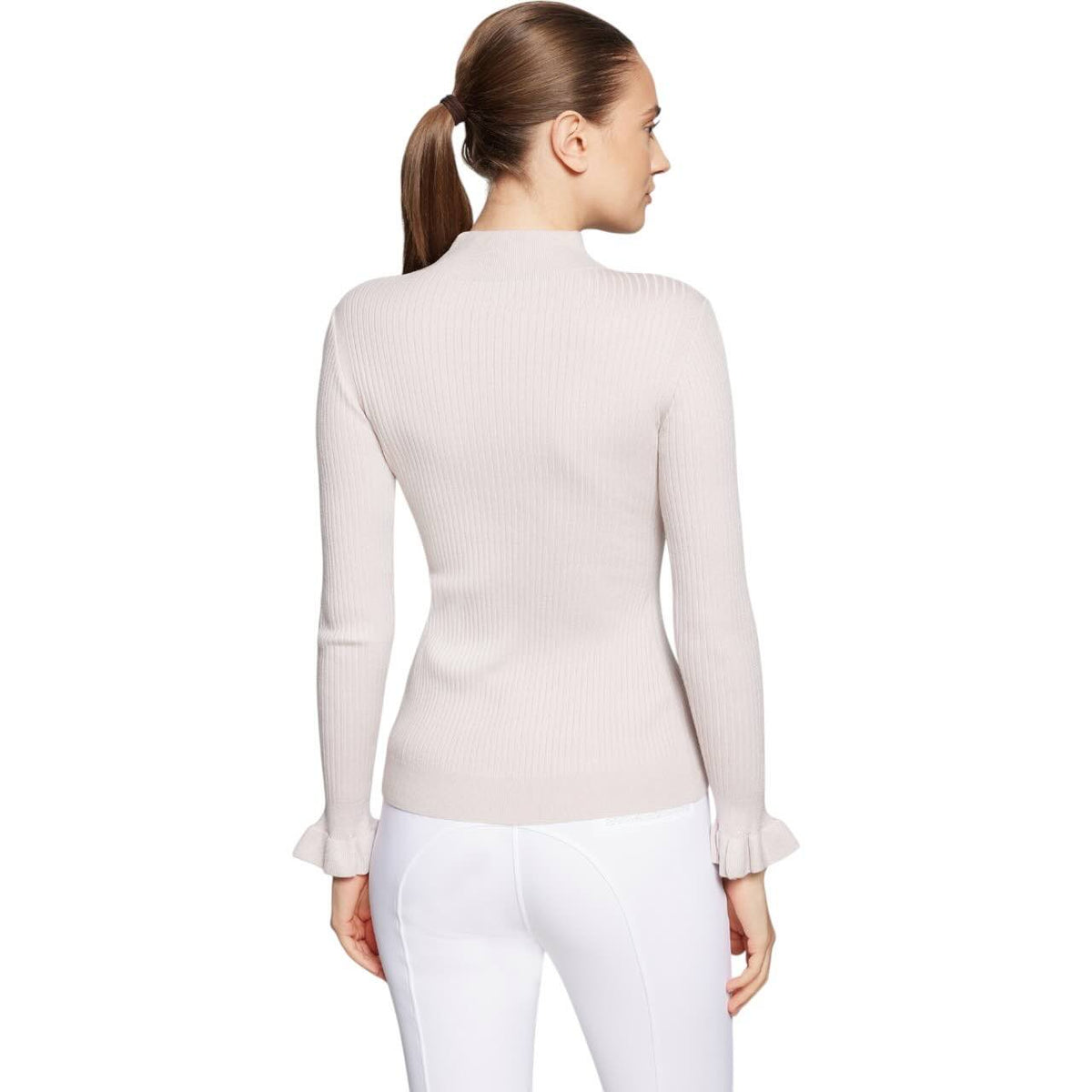 Rollkragenpullover Damen Lidia Ruffle HW 2025 Pullover, Beige, Person trägt den Pullover von hinten.