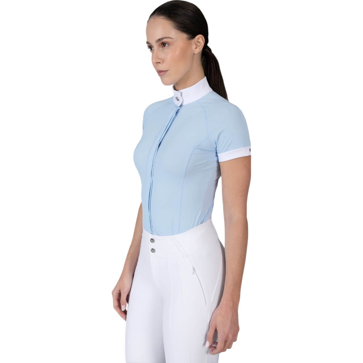 Maximilian Equestrian Turniershirt Damen Kurzarm Aira Competition Collection Shirt, hellblau, Model trägt es.