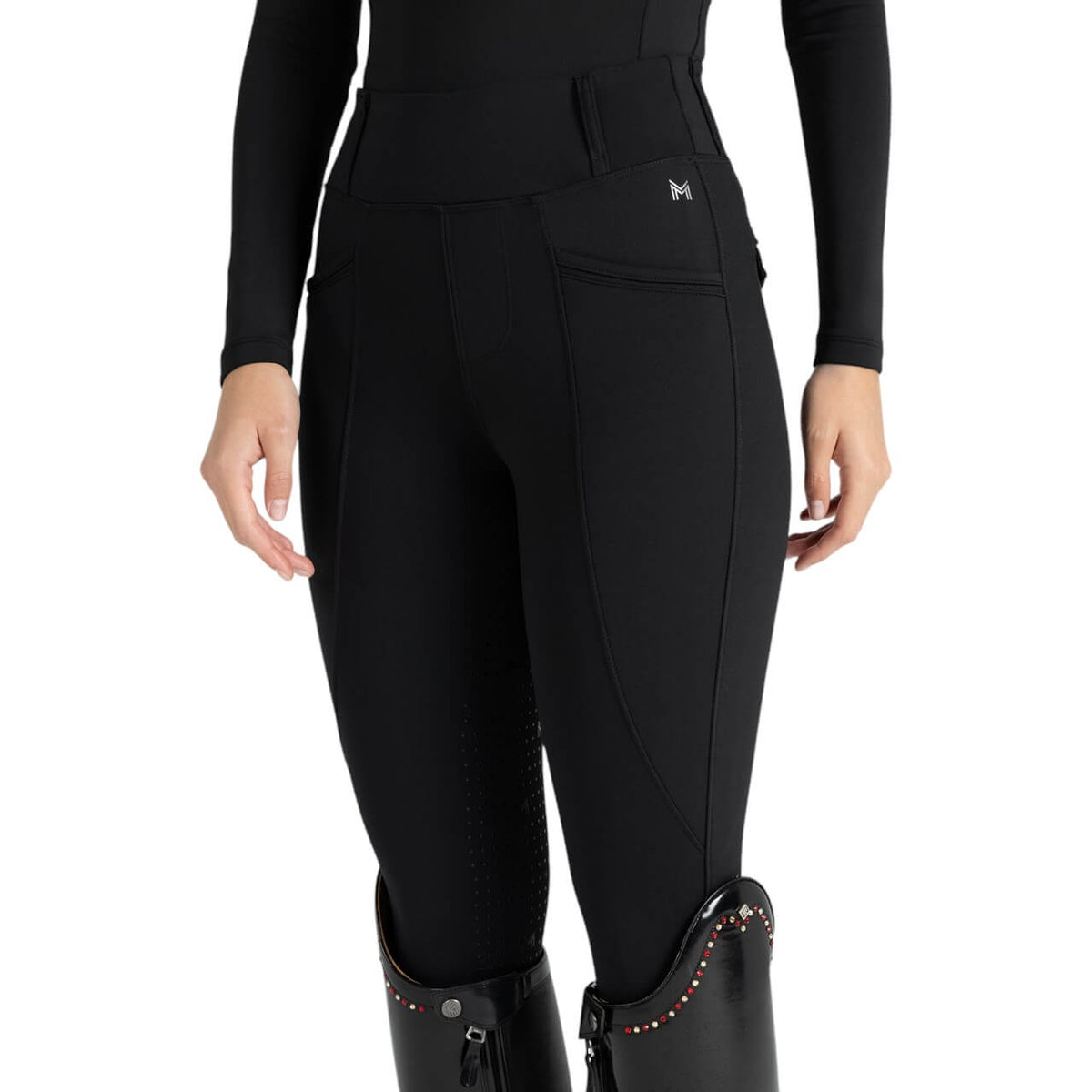Reitleggings Damen Full-Grip Winter Pro Leggings, Black, Person trägt die Leggings im Reitoutfit.