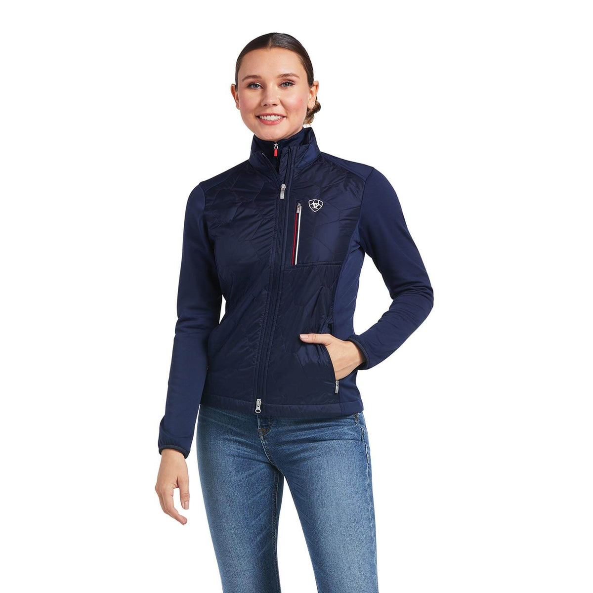 Ariat Jacke Damen Fusion Team, Navy, Frau trägt die Jacke.