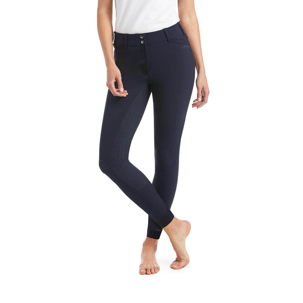 Reithose Damen Prelude Full-Grip Classic Vollbesatz Damenreithose, Navy, an Modell getragen.