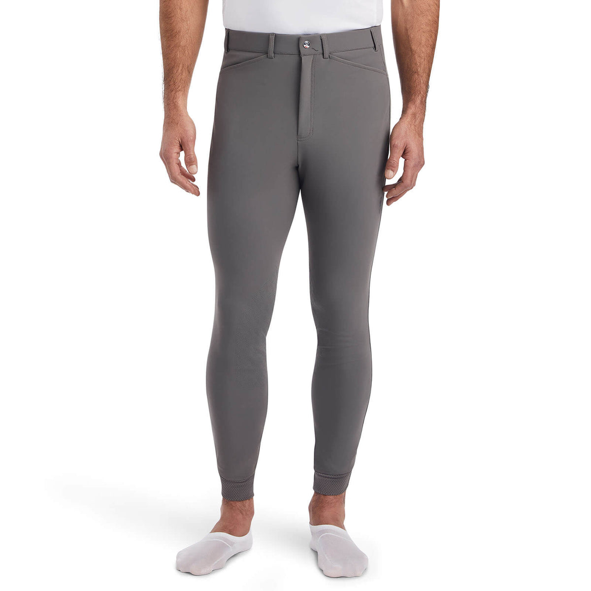 Reithose Herren Knee-Grip Tri Factor Herrenreithose Kniebesatz, Plum Grey, Person trägt die Reithose.