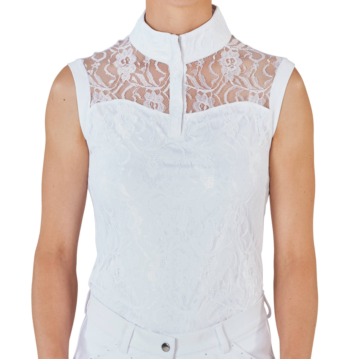 Turnier-Shirt Amadora, White, an einer Person getragen, Detailaufnahme.