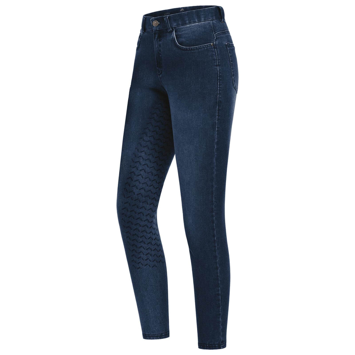 Reithose Damen Full-Grip Jeans Luna Jeansreithose, Dunkelblau, Produkt allein auf weißem Hintergrund.