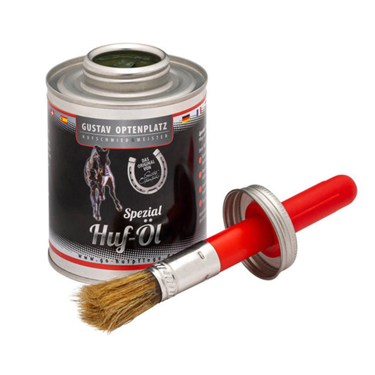 Gustav Optenplatz Pflegemittel Huföl mit Pinseldose, Produkt allein mit Pinseldose.